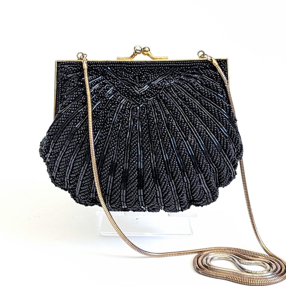 Vintage Walborg Beaded Clam Shell Evening Bag Clutch Crossbody Purse Black